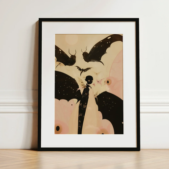 Butterfly Effect - Surreal Metamorphosis Art Print / Canvas Framed Artwork Stylized Illustration Bats Black Cream Tones Surreal