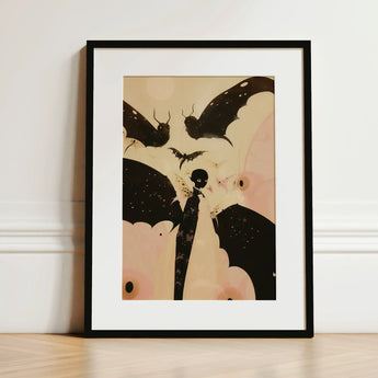 Butterfly Effect - Surreal Metamorphosis Art Print / Canvas Framed Artwork Stylized Illustration Bats Black Cream Tones, Prints