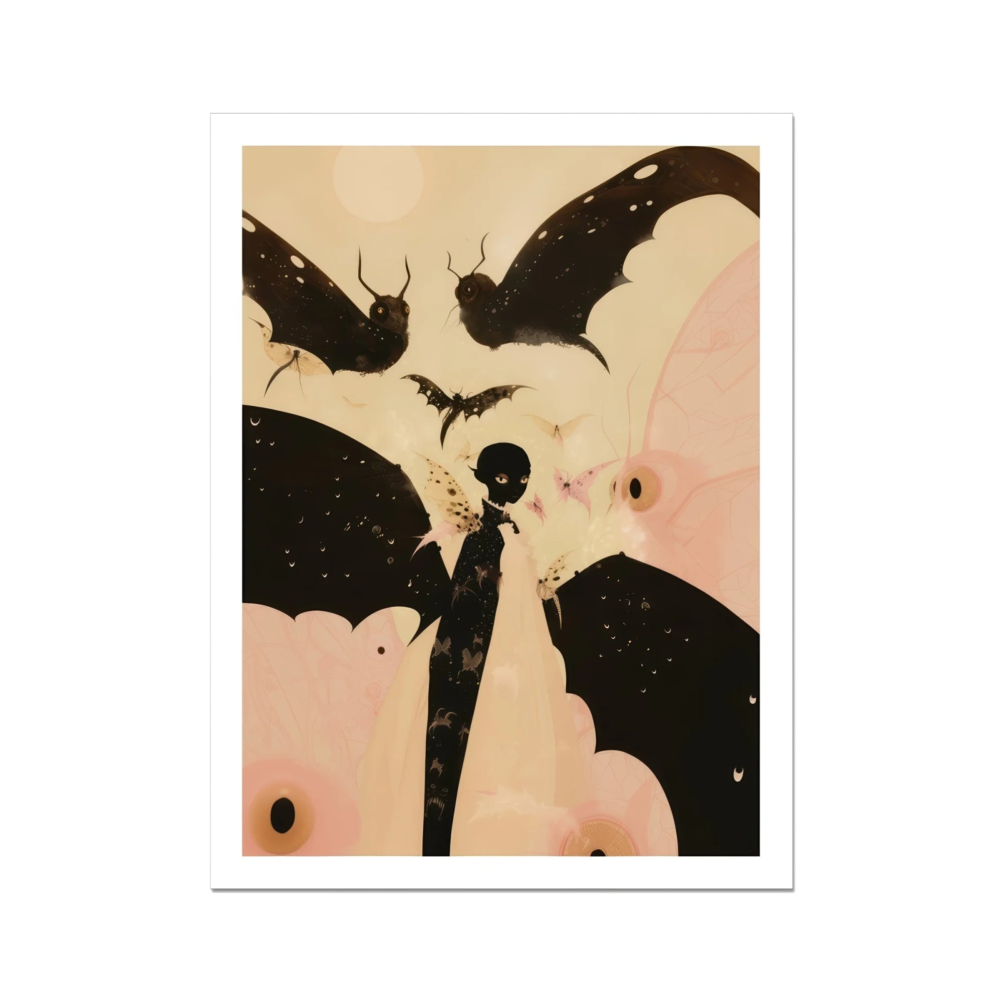 Butterfly Effect Surreal Metamorphosis Art Print, Silhouette Person Bat Like Wings Surrounded Bats