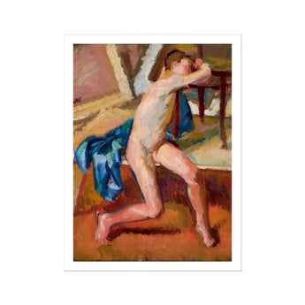 Male Nude - Wojciech Weiss Fine Art Print, Nude Male Figure Table Blue Draped Fabric
