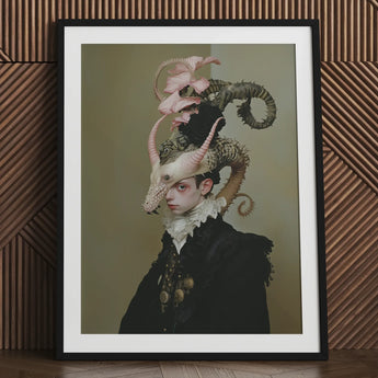 Cadmus - Gay Dragon Prince Art Print / Canvas Black Framed Portrait Ornate Multi-colored Headdress Ruffled Collar, Illustrious, Face Prints