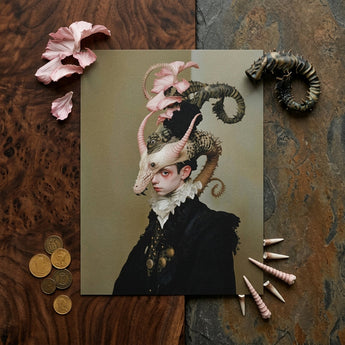 Cadmus - Gay Dragon Prince Art Print / Canvas Surreal Portrait Print Figure Intricate Horned Seahorse-like Headgear Gay Dragon Prince,