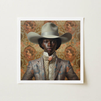 Caesar - Gay Black Dandy Cowboy Art Print / Canvas Framed Portrait Person Off-white Hat Patterned Gray Queer, Rodeo, Outlaw Prints