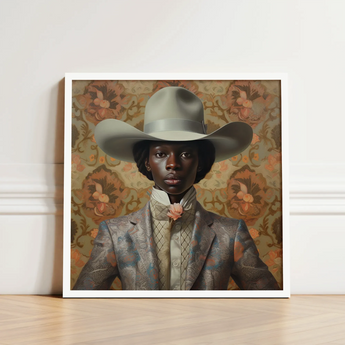 Framed Portrait Person Olive-green Cowboy Hat Patterned Gray Queer Black, Gay Rodeo, Dandy Outlaw
