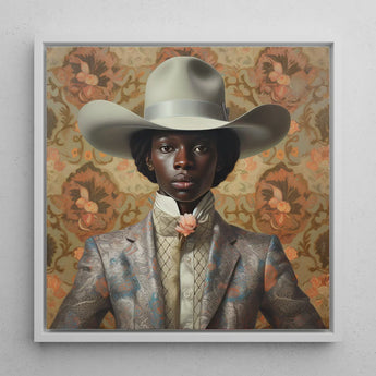 Caesar - Gay Black Dandy Cowboy Art Print / Canvas Framed Portrait Person Off-white Hat Silver Band Queer, Rodeo, Outlaw Prints
