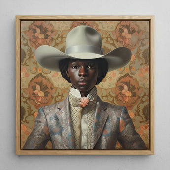 Caesar - Gay Black Dandy Cowboy Art Print / Canvas Framed Portrait Person Off-white Hat Silver-toned Patterned Queer, Rodeo, Outlaw Prints
