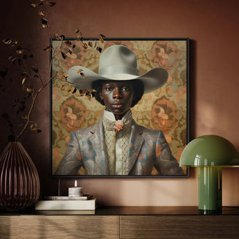 Caesar - Gay Black Dandy Cowboy Art Print / Canvas Framed Portrait Person Wide-brimmed White Hat Ornate Patterned Queer Black Cowboy, Gay
