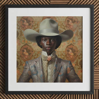 Caesar - Gay Black Dandy Cowboy Art Print / Canvas Hat Silver Metallic Finish Patterned Fabric Queer, Rodeo, Outlaw Prints