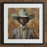 Caesar - Gay Black Dandy Cowboy Art Print / Canvas Hat Silver Metallic Finish Patterned Fabric Queer, Rodeo, Outlaw Prints