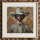 Caesar - Gay Black Dandy Cowboy Art Print / Canvas Cowboy Hat Wide Brim Patterned Fabric Light Gray Queer Black Cowboy, Gay Rodeo, Rodeo