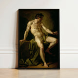 Black-framed Classical Painting Muscular Nude Male Figure Dramatic Cain’s Frame, Shadows Carving Deep Ridges, Raw Body