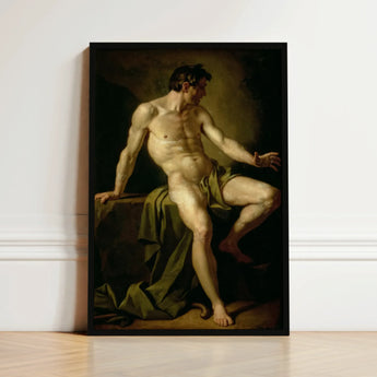 Black-framed Classical Painting Muscular Nude Male Figure Dramatic Cain’s Frame, Shadows Carving Deep Ridges, Raw Body