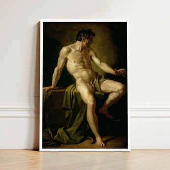 Framed Classical Painting Muscular Nude Male Figure Dramatic Cain’s Frame, Shadows Carving Deep Ridges, Raw Body