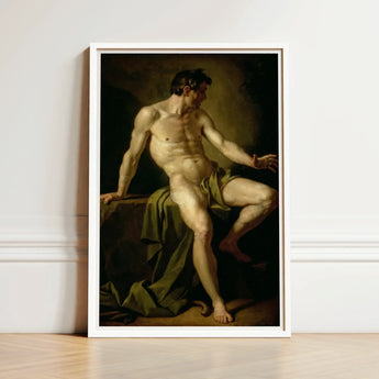 White-framed Print Classical Nude Male Figure Dramatic Chiaroscuro Cain’s Muscular Frame, Shadows Carving Deep Ridges, Raw Body
