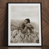 Cain - Wilhelm Von Gloeden Gay Photography Art Print / Canvas Black-framed White-matted Photographic Nude Man Curled Rocky, Prints