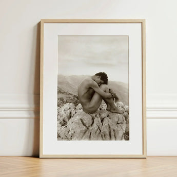 Cain - Wilhelm Von Gloeden Gay Photography Art Print / Canvas Minimalist Wooden-framed Black-and-white Nude Figure Seated, Prints
