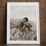 Cain - Wilhelm Von Gloeden Gay Photography Art Print / Canvas White-framed Black-and-white Photographic Nude Figure Seated Rocky, Prints