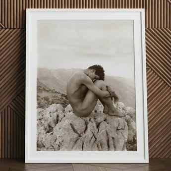 Cain - Wilhelm Von Gloeden Gay Photography Art Print / Canvas White-framed Black-and-white Photographic Nude Figure Seated Rocky, Prints
