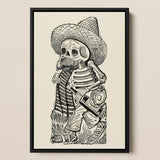 Calavera of Francisco Madero - Jose Guadalupe Posada Art Print / Canvas Black-framed Artwork Detailed Ink Skeleton Sombrero Striped Poncho,