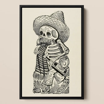 Calavera of Francisco Madero - Jose Guadalupe Posada Art Print / Canvas Black-framed Artwork Detailed Ink Skeleton Sombrero Striped Poncho,