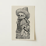 Calavera of Francisco Madero - Jose Guadalupe Posada Art Print / Canvas Black Ink Illustration Skeleton Sombrero Bottle Printed Off-white