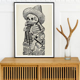 Calavera of Francisco Madero - Jose Guadalupe Posada Art Print / Canvas Black Ink Illustration Skeleton Sombrero Bottle Printed Off-white,
