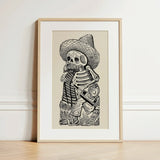 Calavera of Francisco Madero - Jose Guadalupe Posada Art Print / Canvas Black-and-white Illustrated Skeleton Sombrero Guitar Framed Light,