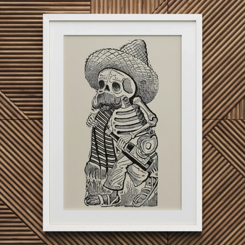 Calavera of Francisco Madero - Jose Guadalupe Posada Art Print / Canvas Framed Black White Illustration Skeleton Sombrero Guitar Jose