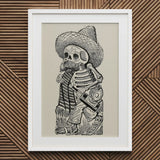Calavera of Francisco Madero - Jose Guadalupe Posada Art Print / Canvas Framed Black White Illustration Skeleton Sombrero Guitar, Bears