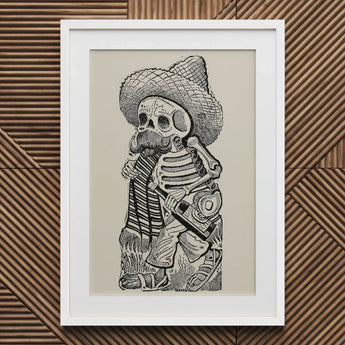 Calavera of Francisco Madero - Jose Guadalupe Posada Art Print / Canvas Framed Black White Illustration Skeleton Sombrero Guitar, Bears