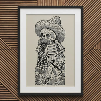 Calavera of Francisco Madero - Jose Guadalupe Posada Art Print / Canvas Framed Black White Skeleton Sombrero Striped Blanket, Bears