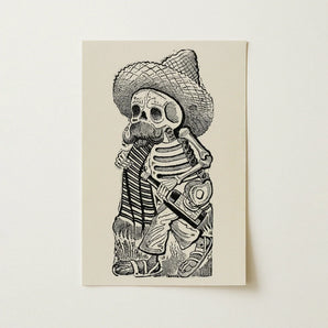 Calavera of Francisco Madero - Jose Guadalupe Posada Art Print / Canvas Black Ink Illustration Skeleton Sombrero Bottle Printed Off-white,