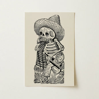 Calavera of Francisco Madero - Jose Guadalupe Posada Art Print / Canvas Black Ink Illustration Skeleton Sombrero Bottle Printed Off-white,