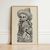 Calavera of Francisco Madero - Jose Guadalupe Posada Art Print / Canvas Black-and-white Illustrated Skeleton Wide-brimmed Sombrero Bottle