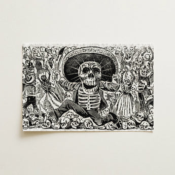 Black White Linocut Print Central Skeleton Sombrero Surrounded Guadalupe Posada, Art, Calaveras Oaxaquena, José, Sends, Short Hatched