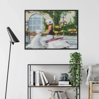 Can’t Stop Won’t - Hoi an Street Life Art Print / Canvas Black-framed Wall Art Woman White Scooter Vibrant Flower-filled Hoi An’s
