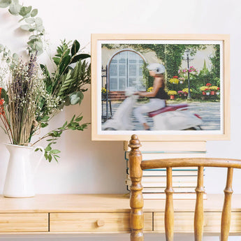 Can’t Stop Won’t - Hoi an Street Life Art Print / Canvas Light Wood-framed Photograph Woman White Scooter Garden Colorful An’s