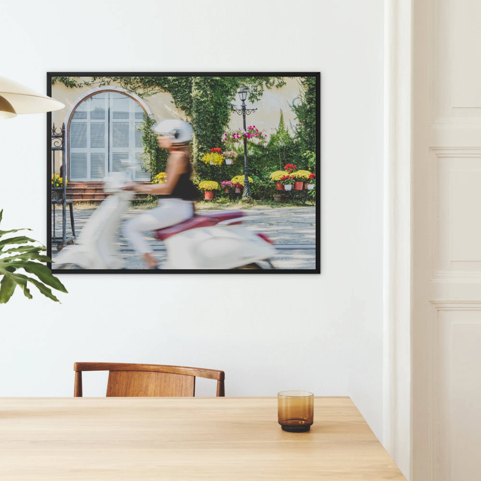 Can’t Stop Won’t - Hoi an Street Life Framed Canvas, Framed Photograph Blurred Scooter Rider Colorful Flowers
