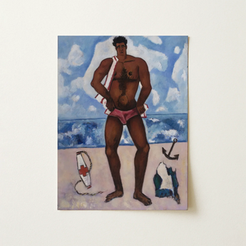 Canuck Yankee Lumberjack at Old Orchard Beach - Marsden Hartley Art Print / Canvas Vibrant Oil Painting Muscular Lifeguard Pink Trunks White