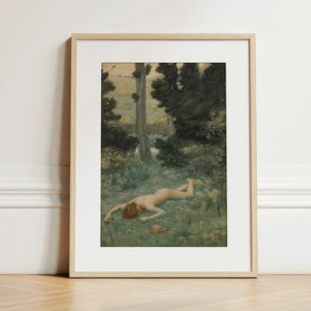 Careless Shepherd - Edward Robert Hughes Art Print / Canvas Framed Nude Figure Grassy Woodland Enclosed, Builds, Characteristic Mixed-media