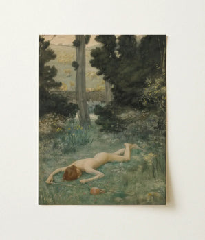 Vintage-style Painting Nude Figure Grassy Woodland Rendered Soft Careless Shepherd, Hughes Builds, Characteristic Mixed-media Layering,