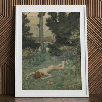 Careless Shepherd - Edward Robert Hughes Art Print / Canvas White-framed Nude Figure Grassy Woodland, Builds, Characteristic Mixed-media