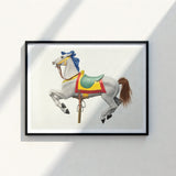 Framed Artwork White Carousel Horse Blue Mane Brown Vibrant Watercolor Print, Masterfully Rendered, 20th Century Art