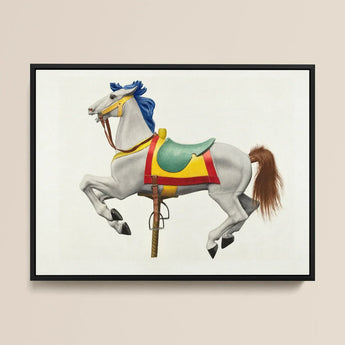 Carousel Horse - American Watercolor Art Print / Canvas Framed Illustration White Carousel Horse Blue Mane Tail Vibrant Watercolor Print,