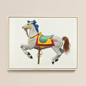 Carousel Horse - American Watercolor Art Print / Canvas Vibrant Painted Illustration White Blue Mane, Masterfully Rendered, 20th Century