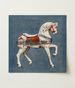 Square Canvas Print White Carousel Horse Red Silver Henry Murphy Watercolor, Nostalgic Americana