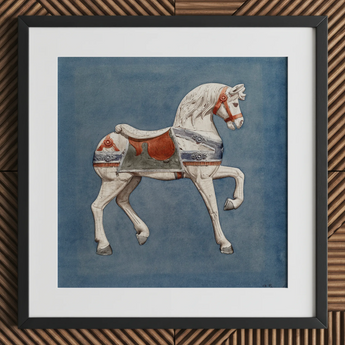 Carousel Horse - Henry Murphy Watercolor Art Print / Canvas White Painted Wooden Carousel Horse Red Gray Decorative Henry Murphy