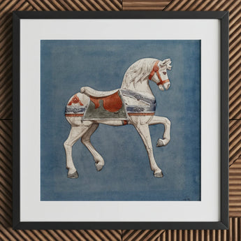 Carousel Horse - Henry Murphy Watercolor Art Print / Canvas White Painted Wooden Red Gray Decorative, Nostalgic Americana, Prints