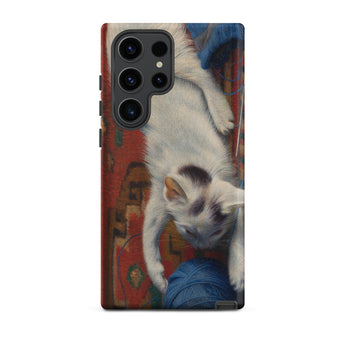 Cat with Ball of Wool - Richard Muller Phone Case Samsung Galaxy S23 Ultra / Matte Phone Case White Kitten Black Markings Playfully Blue