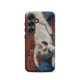 Cat with Ball of Wool - Richard Muller Phone Case Samsung Galaxy S25 / Matte Phone Case White Kitten Black Markings Playfully Blue Richard